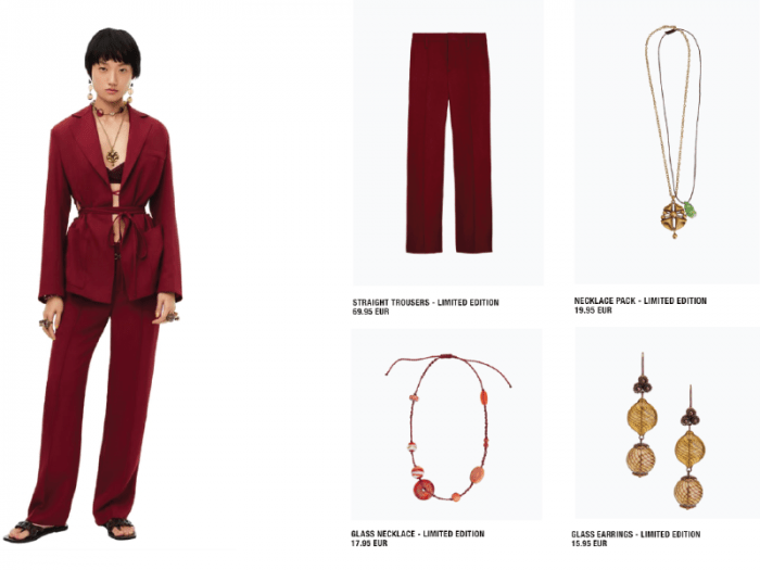 Look 1 - κόκκινο κοστούμι με κοσμήματα Zara