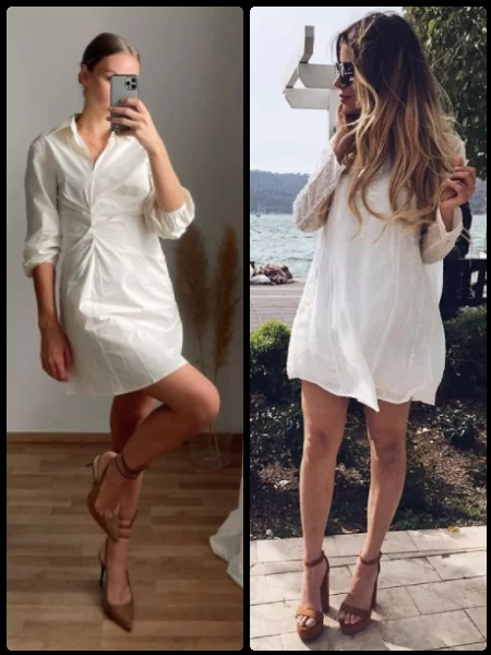 Άσπρο φόρεμα με καφέ παπούτσια
