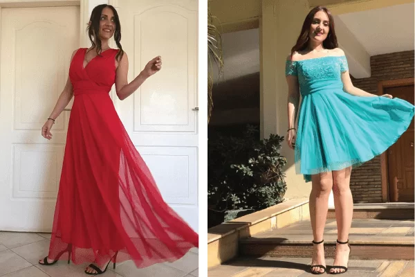 Κόκκινο φόρεμα με τούλι μακρύ και γαλάζιο φόρεμα μέχρι το γόνατο