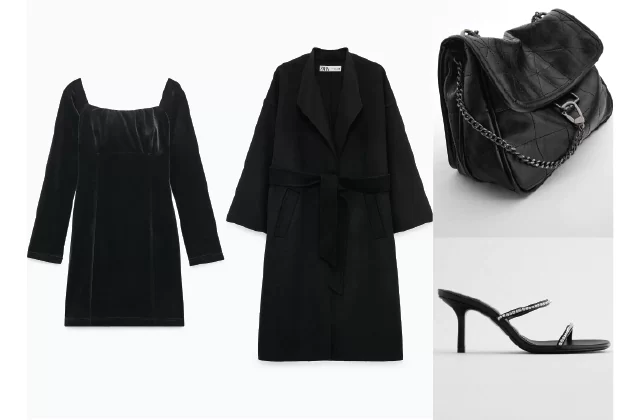 Βελούδινο φόρεμα, μαύρο παλτό, τσαντάκι και πέδιλα